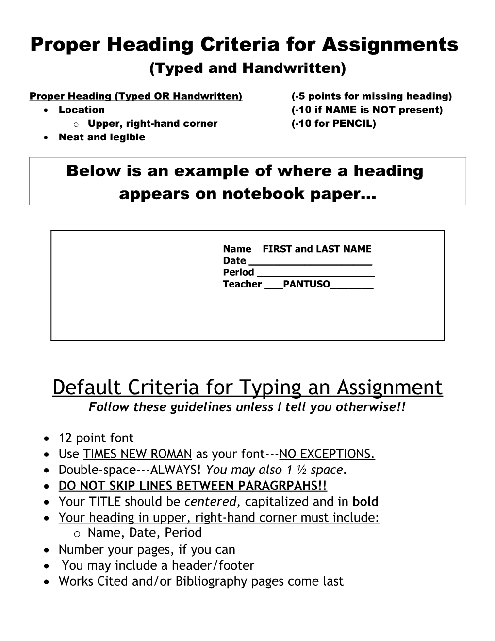 Proper Heading Criteria for Assignments (Typed and Handwritten)