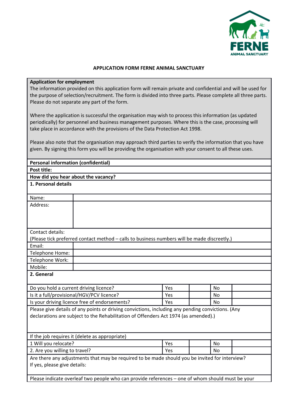 Application Form Ferne Animal Sanctuary