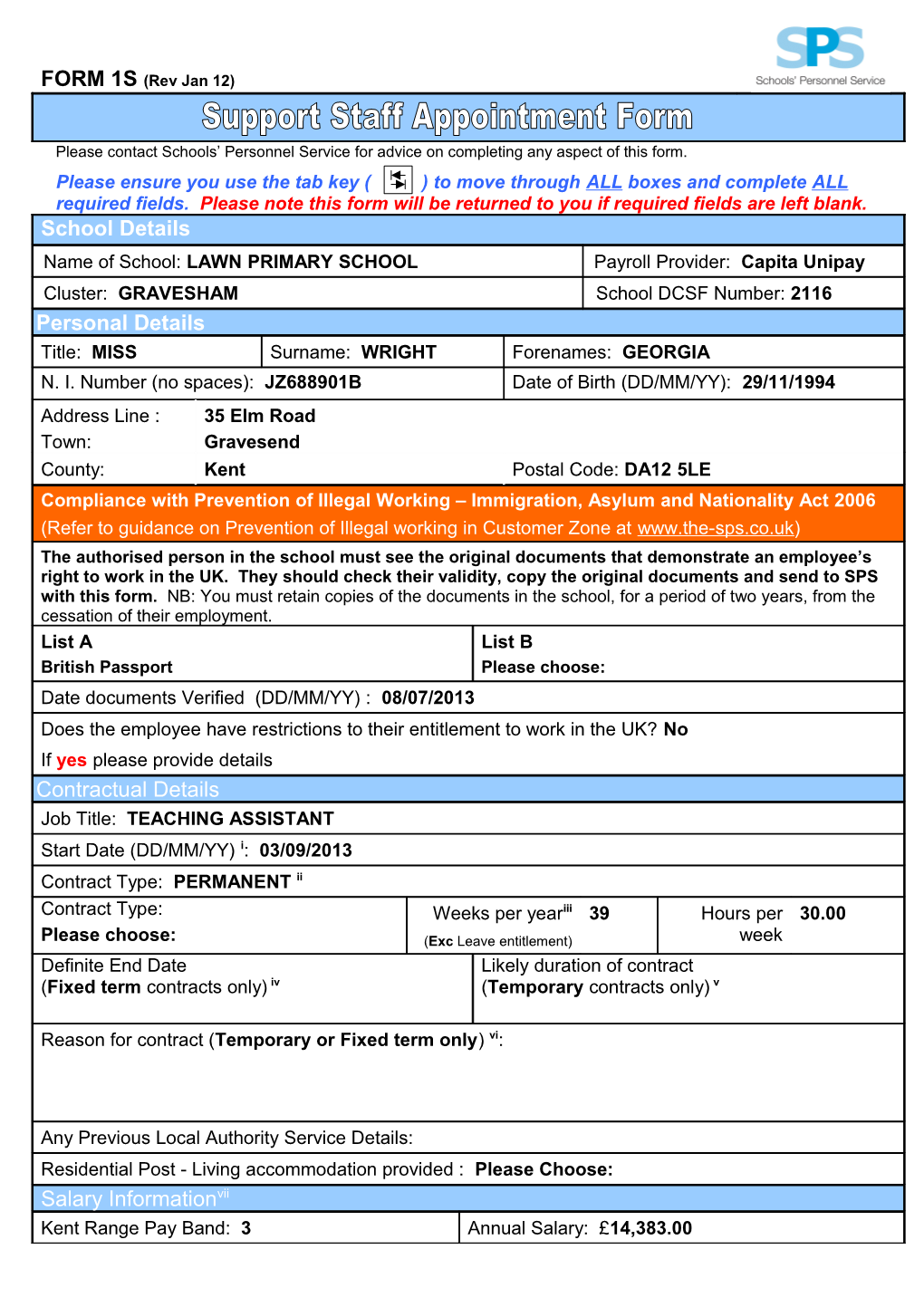 Please Contact Schools Personnel Service for Advice on Completing Any Aspect of This Form