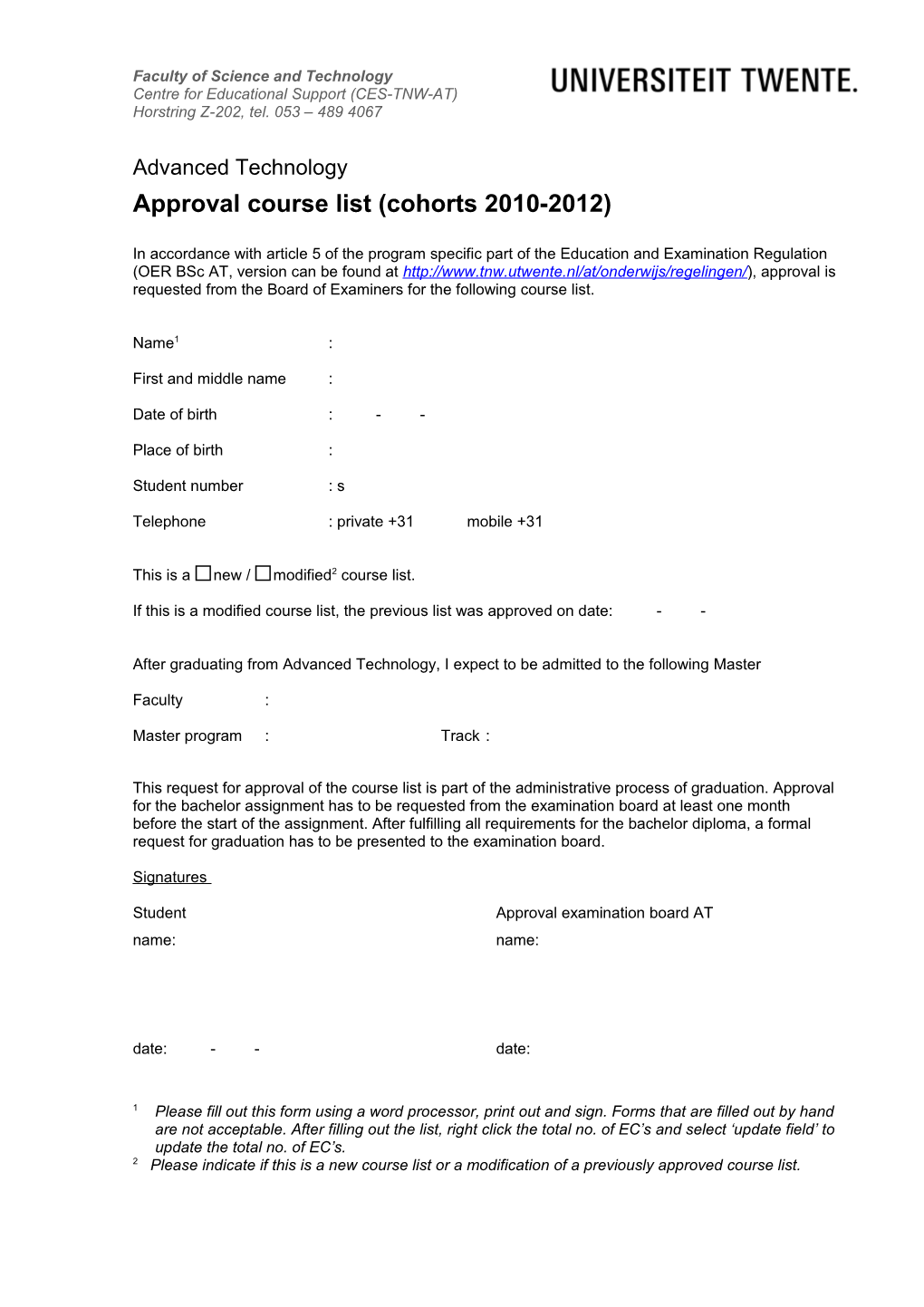 Approval Course List (Cohorts 2010-2012)