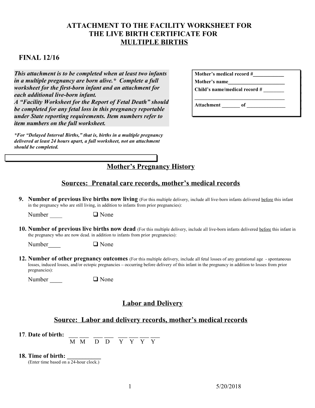Attachment to the Facility Worksheet For
