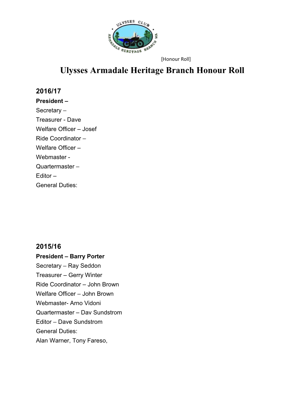Ulysses Armadale Heritage Branch Honour Roll