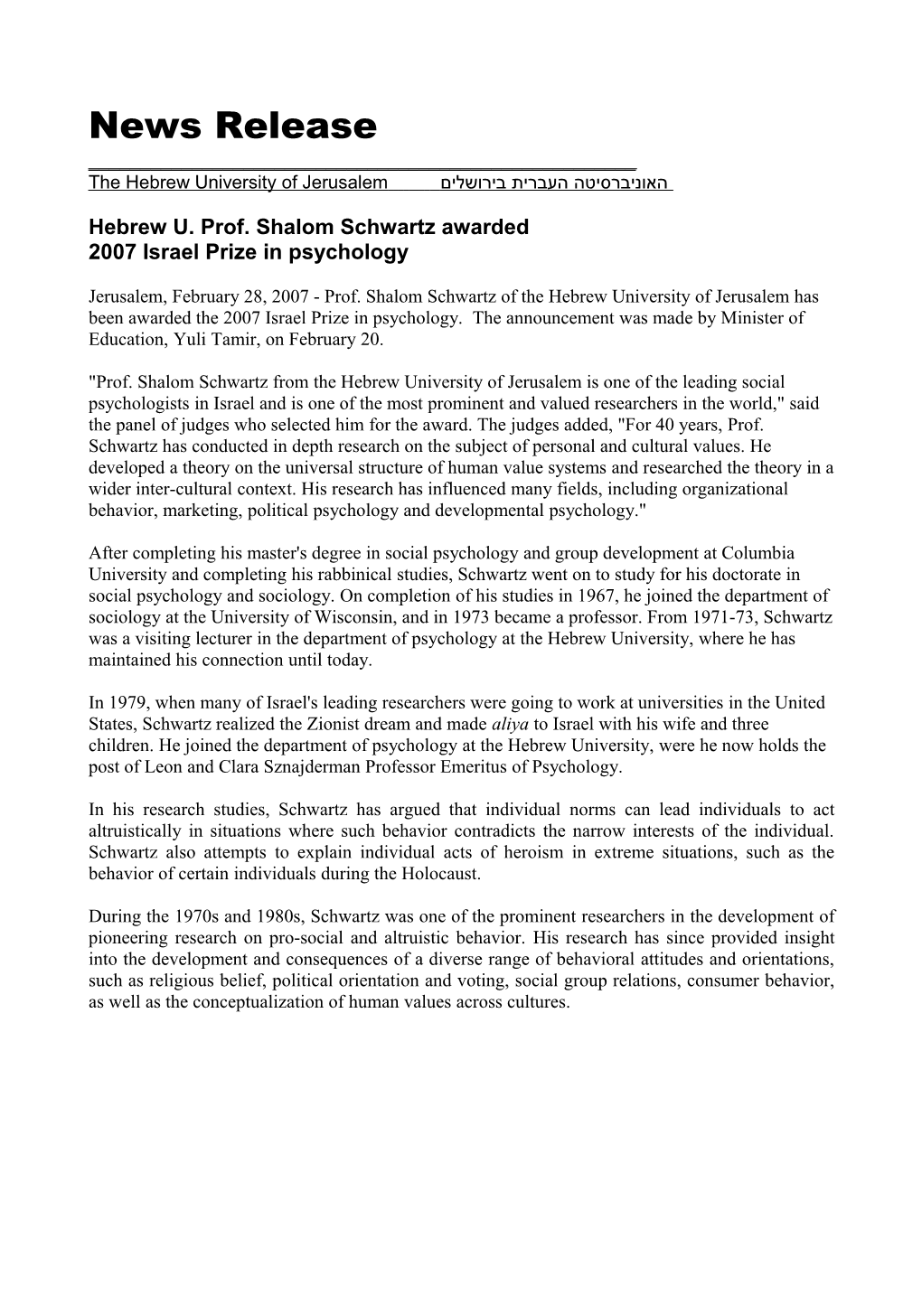 Hebrew U. Prof. Shalom Schwartz Awarded