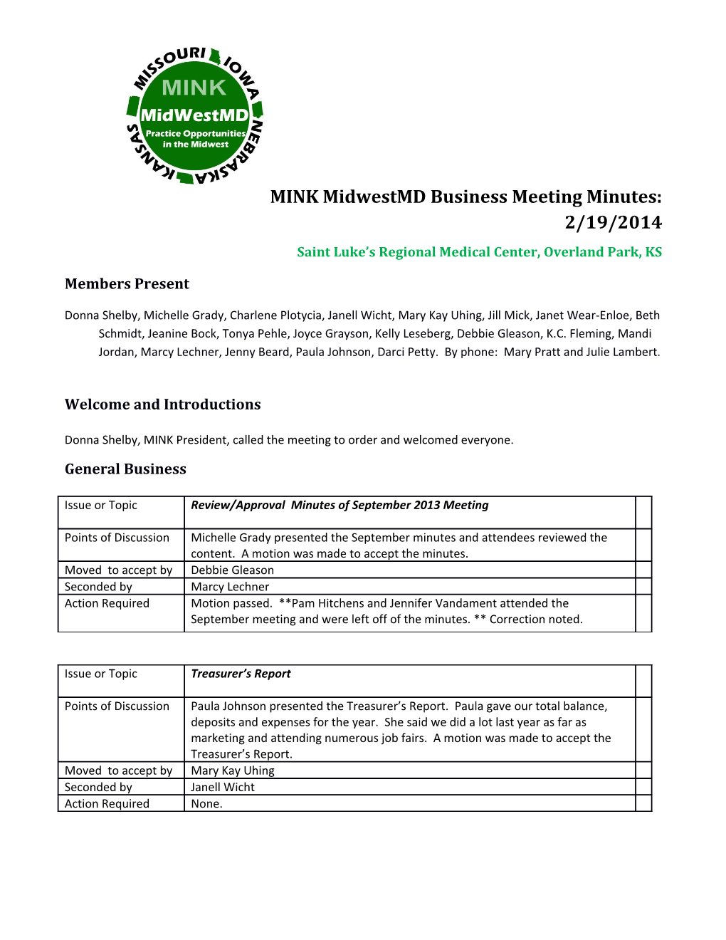 Business Meeting Minutes: 2/19/2014