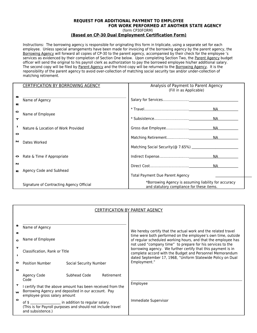 Based on Cp-30 Dual Employment Cerification Form (Revised 7-1-69)