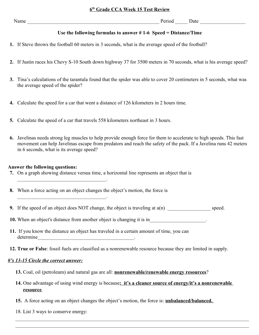 6Th Grade CCA Week 15 Test Review