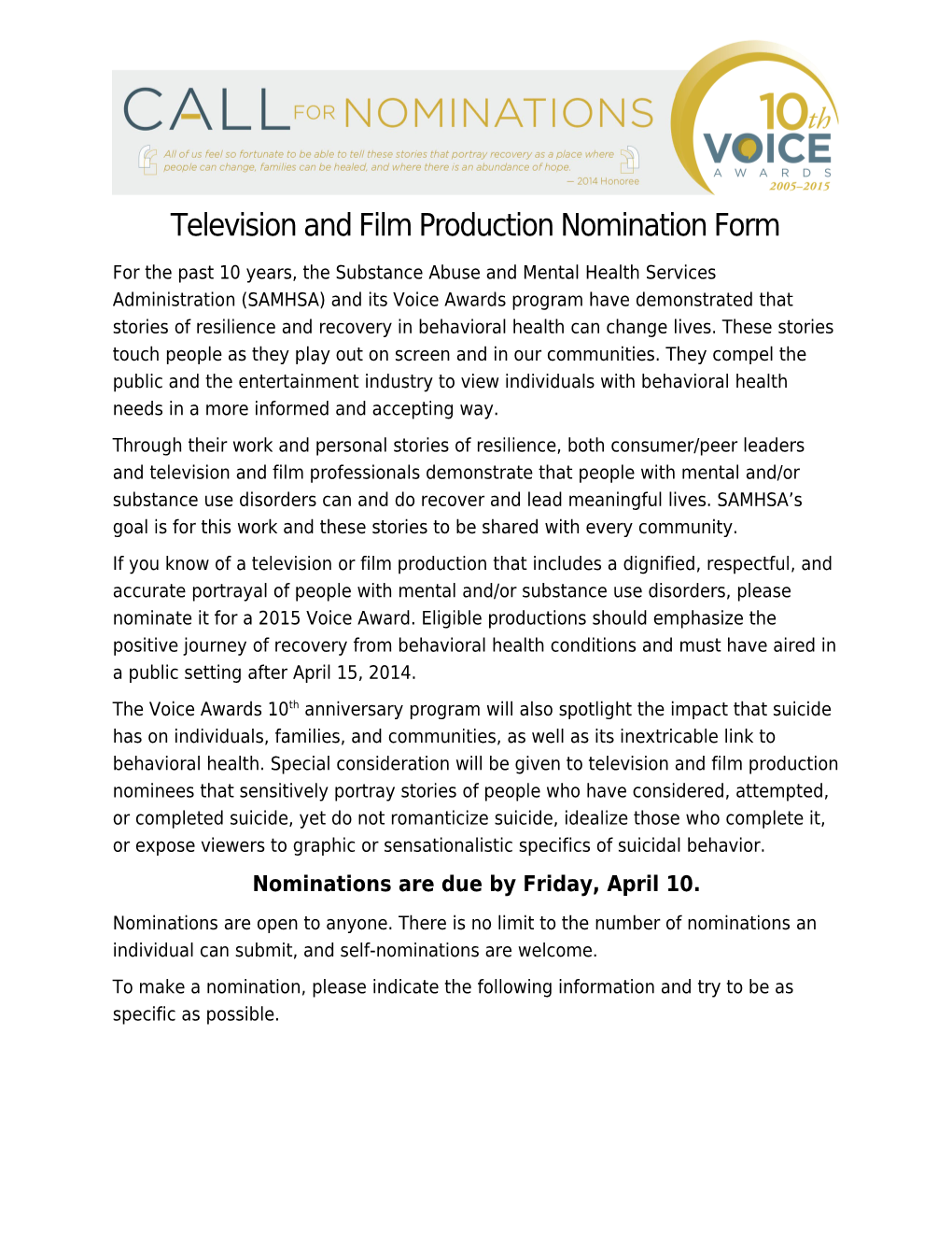 Nominate Productions for SAMHSA's 2012 Voice Awards s1