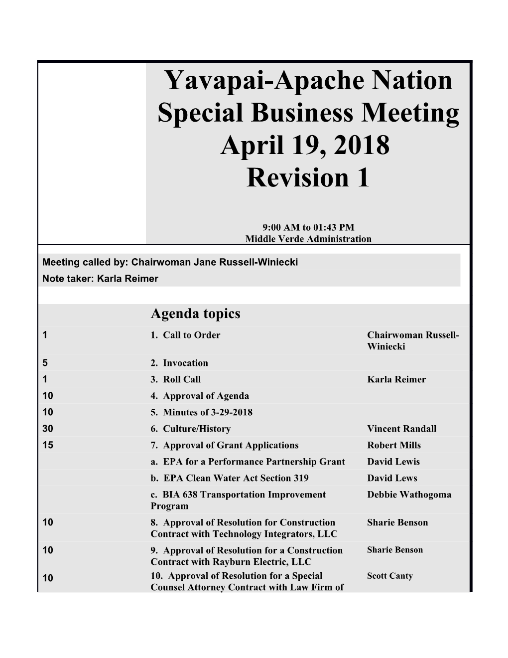 Yavapai-Apache Nation X000d Special Business Meeting X000d April 19, 2018