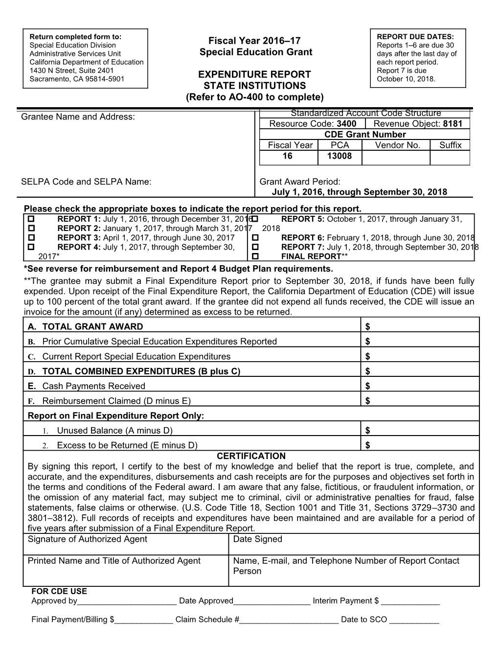 Form-16: Expenditure Report PCA 13008 - Administration & Support (CA Dept of Education)