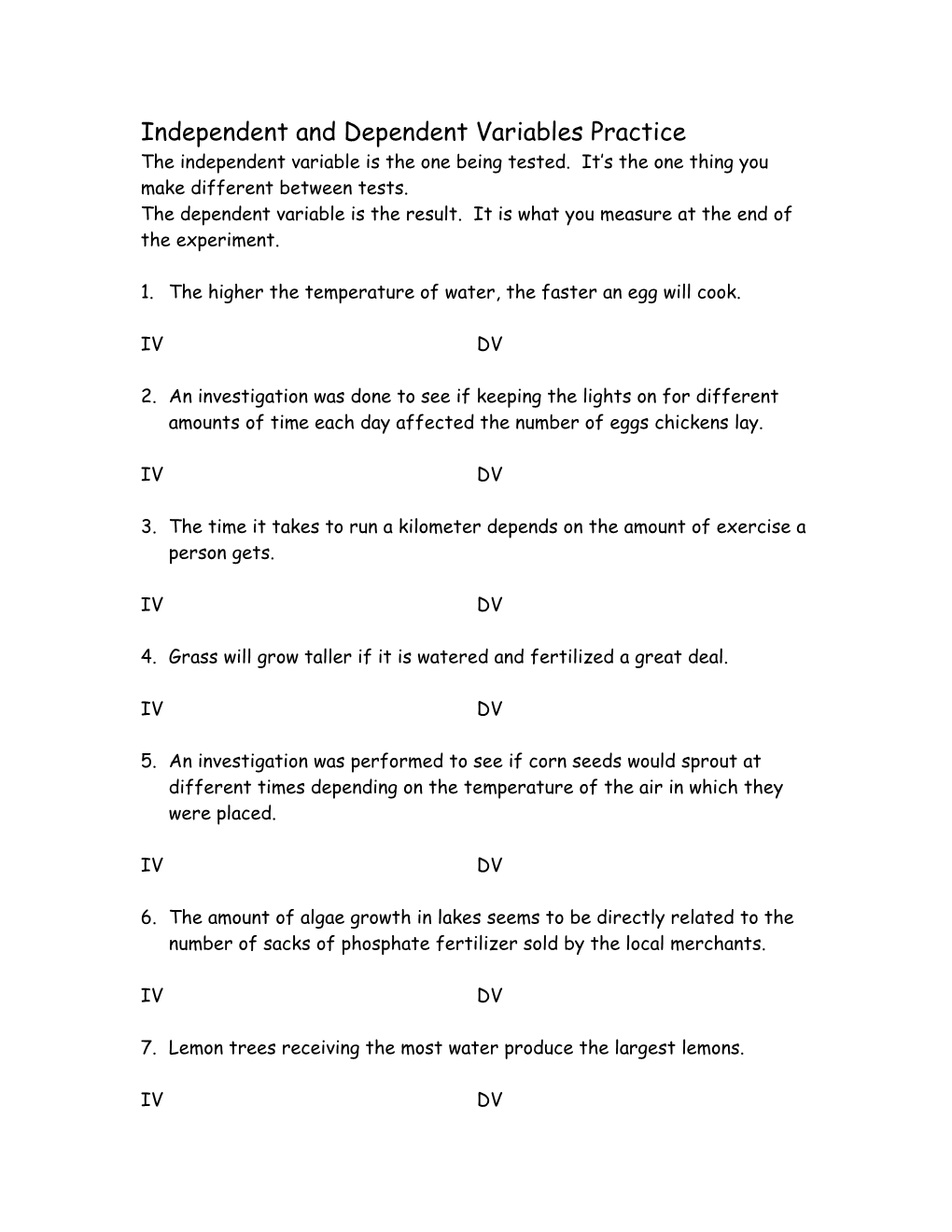 Independent and Dependent Variables Practice