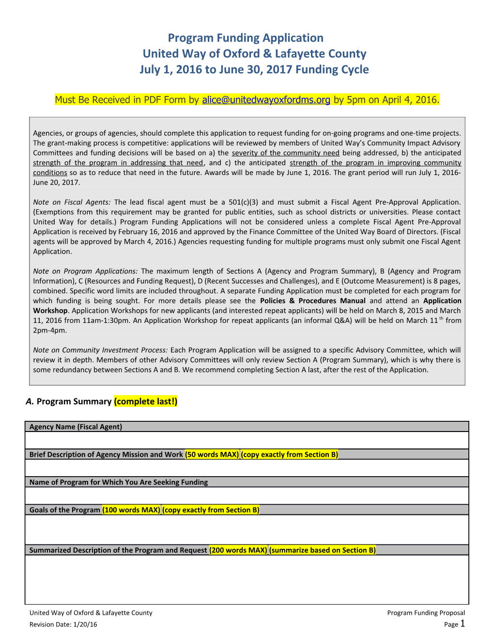 Program Funding Application United Way of Oxford & Lafayette County July 1, 2016 to June