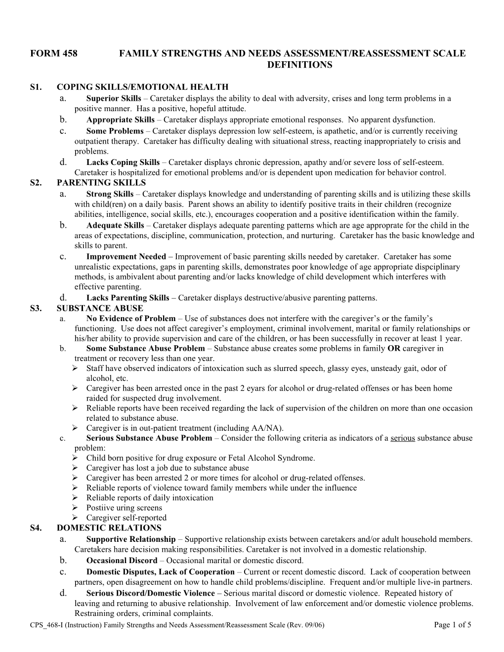 Form 458 Family Strengths and Needs Assessment/Reassessment Scale Definitions
