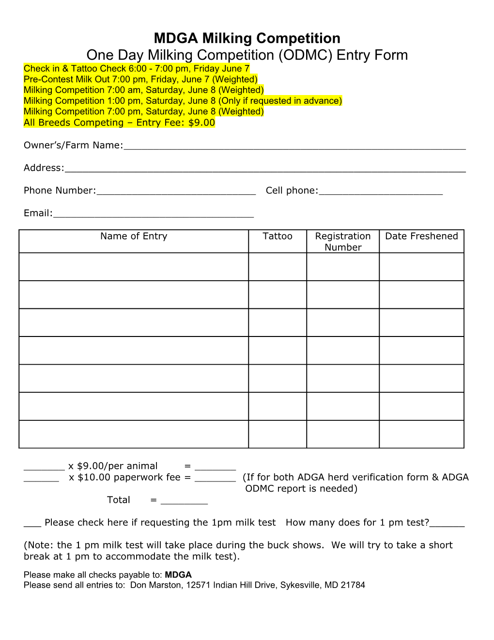 One Day Milking Competition (ODMC) Entry Form
