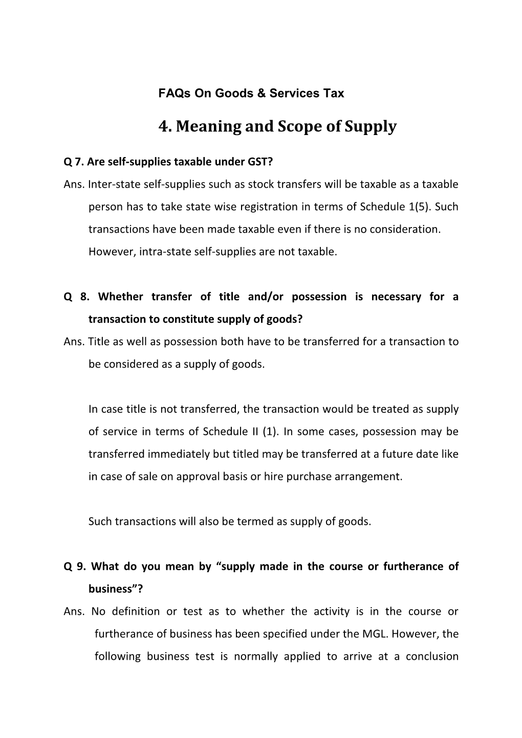 Faqs on Goods & Services Tax