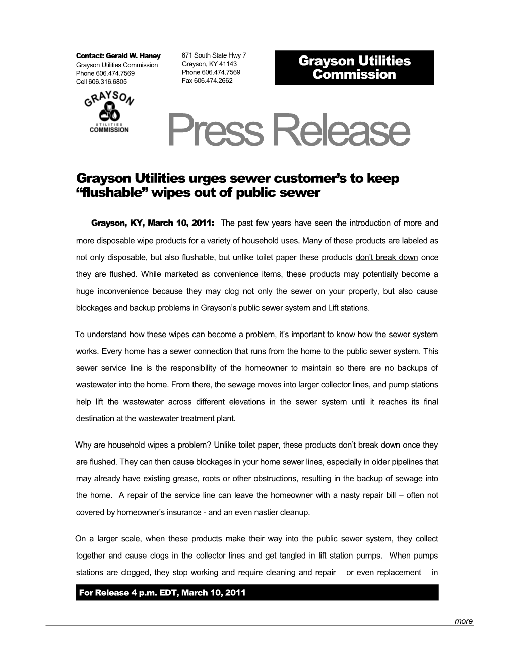 Grayson Utilities Urges Sewer Customer S to Keep Flushable Wipes out of Public Sewer