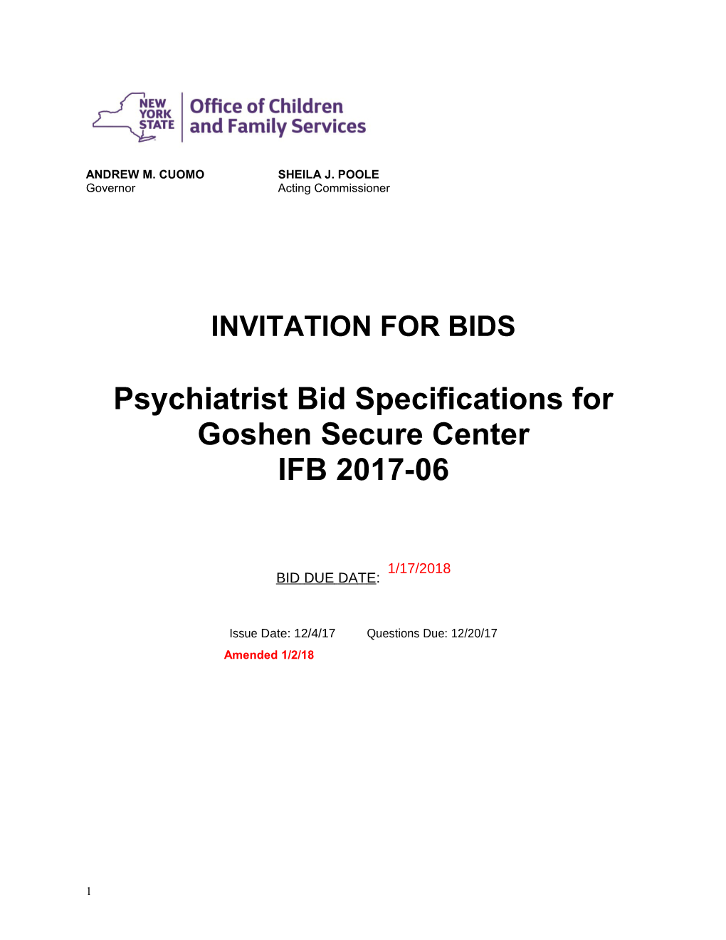 Psychiatrist Bid Specifications for Goshen Secure Center