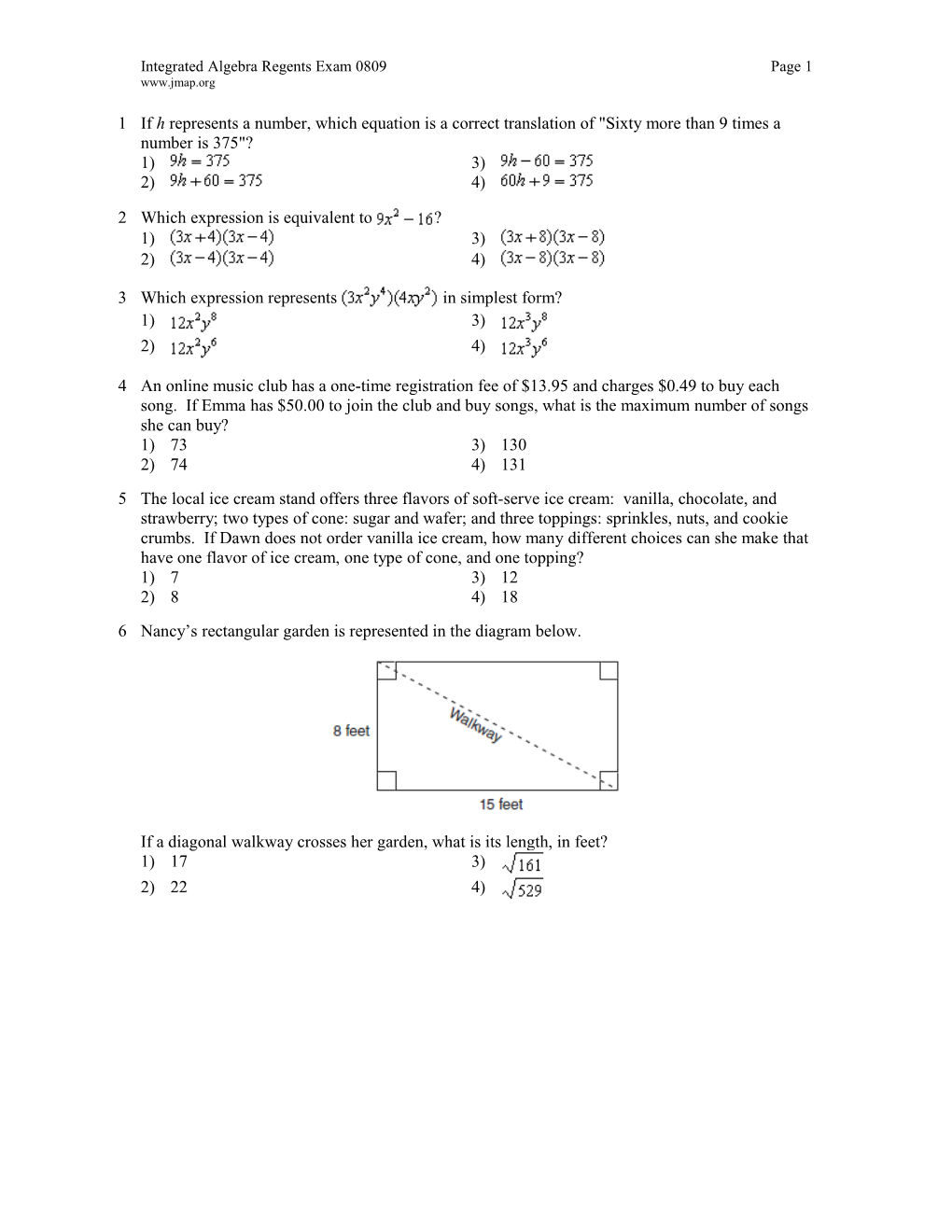 August 2009 Integrated Algebra Regents Exam