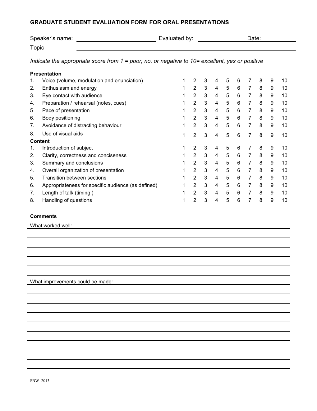 Evaluation Form for Oral Presentation