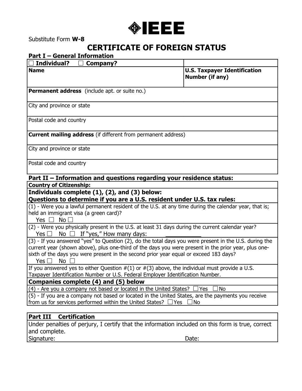 Certificate of Foreign Status