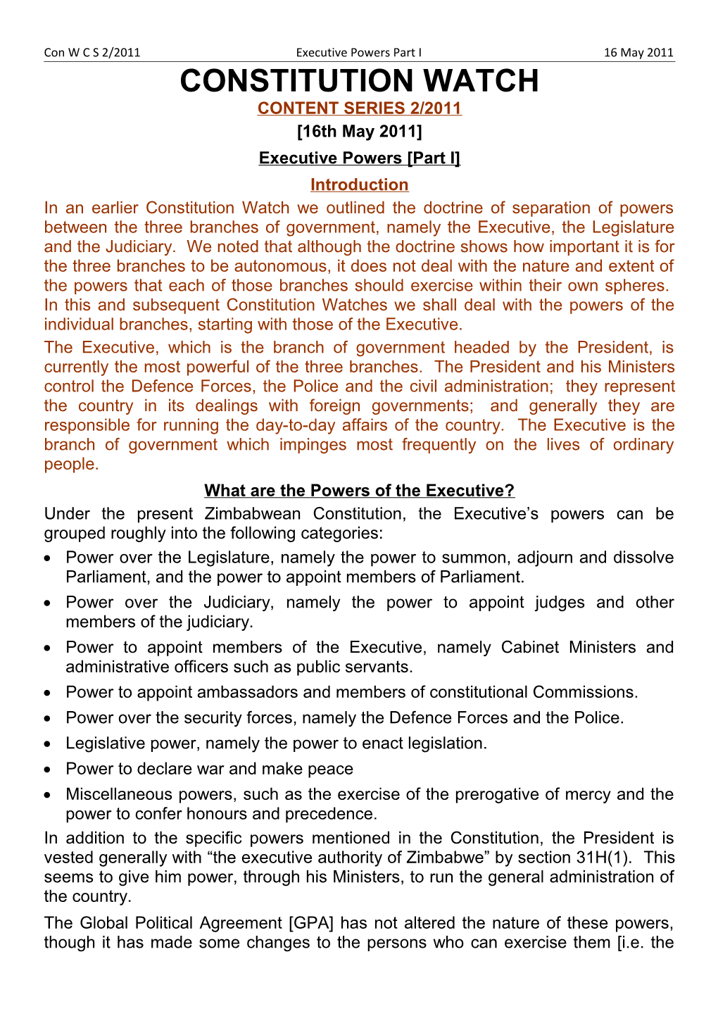 Con W C S 2/2011 Executive Powers Part I 16 May 2011