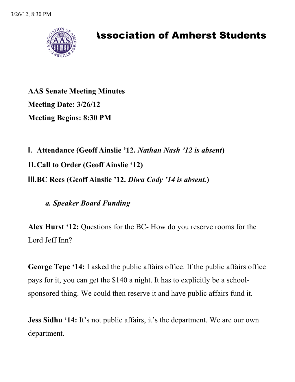AAS Senate Meeting Minutes