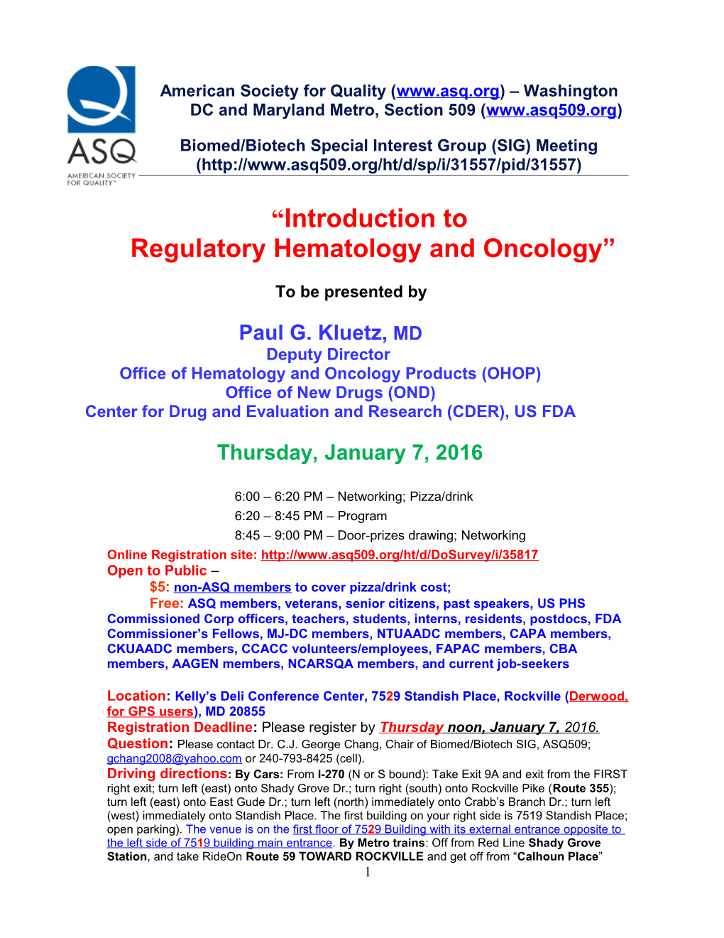 December ASQ509 Biomed/Biotech SIG Meeting