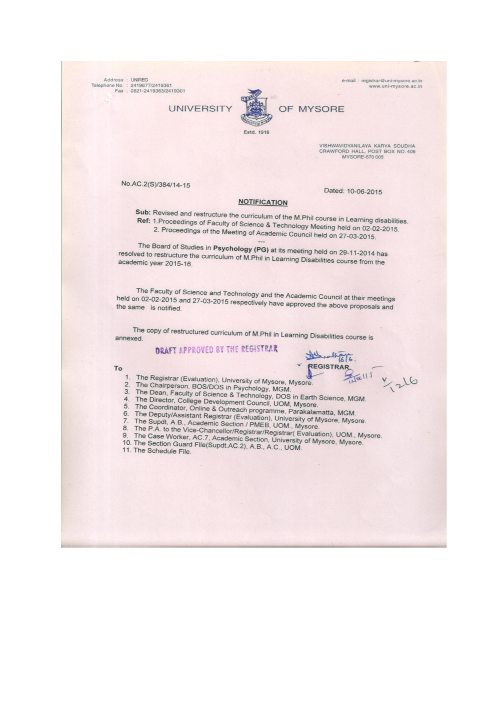 Ref: No. AC6/533/2011-12 Dated 20-06-2014 Reg. Regulations Governing the M Phil Degree