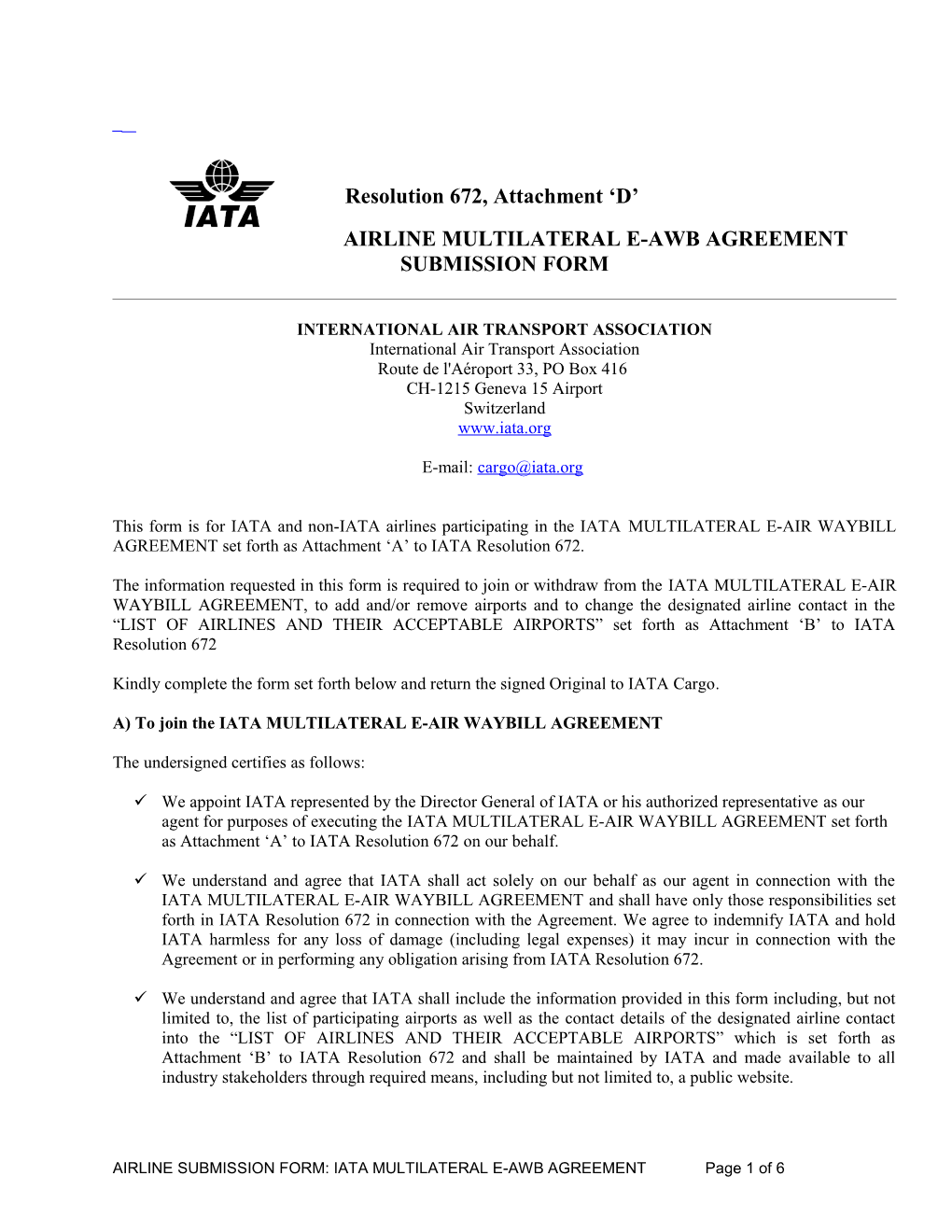 Airline Multilateral E-Awb Agreement Submission Form