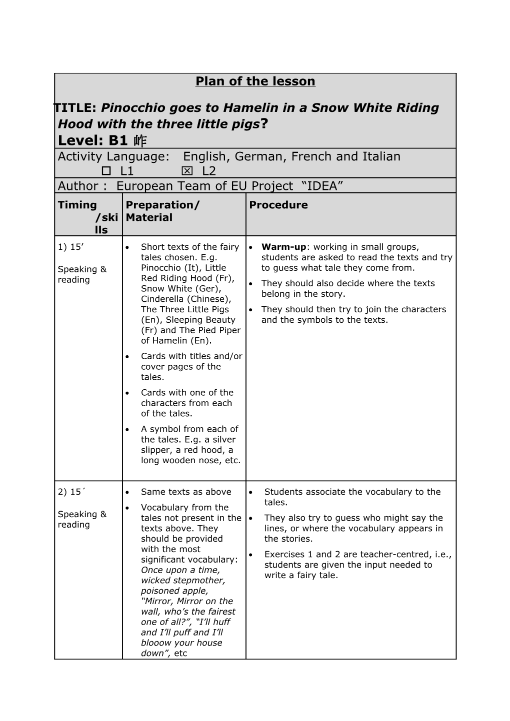 Sample Sheet for Exercises IDEA