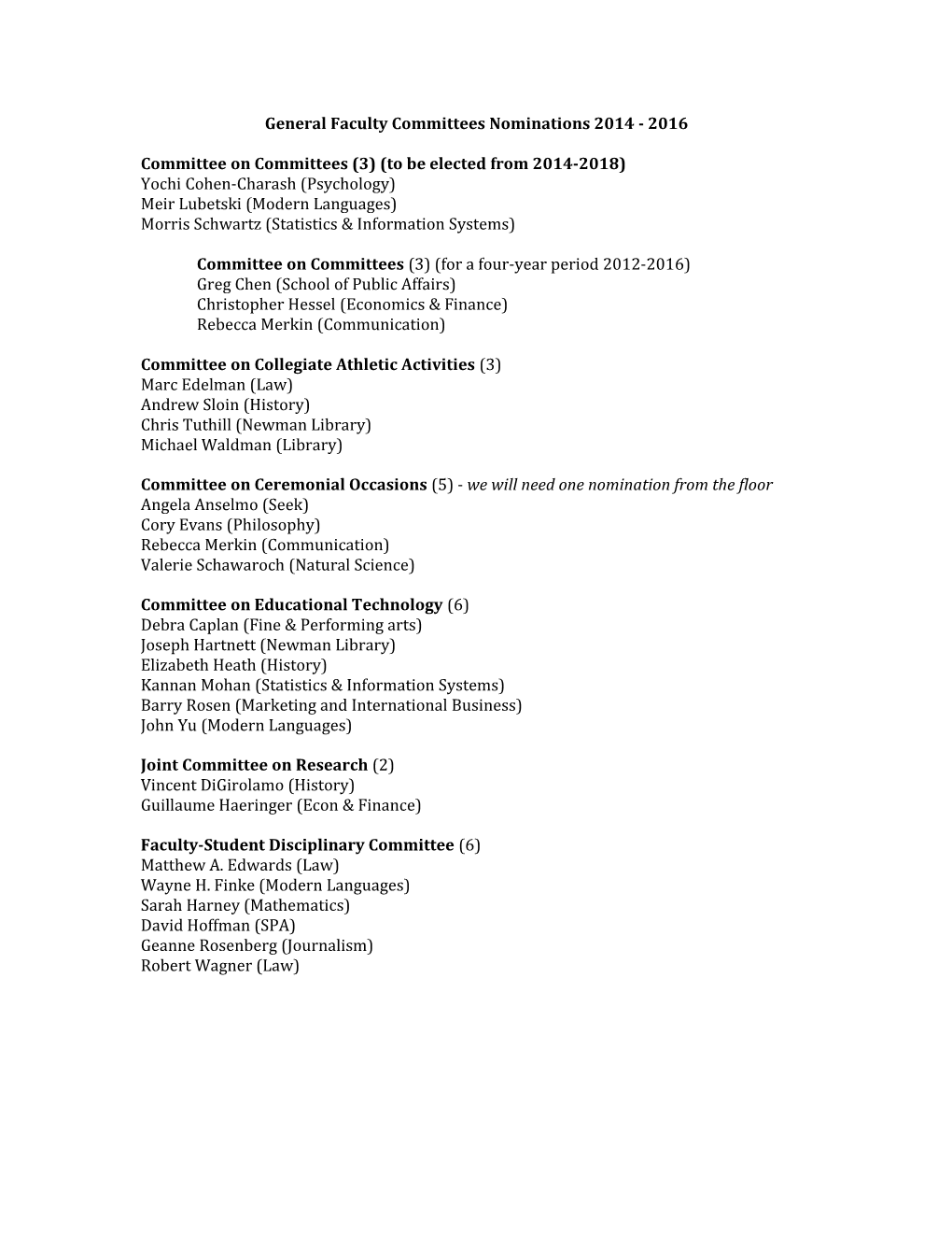 General Faculty Committees Nominations 2014 - 2016