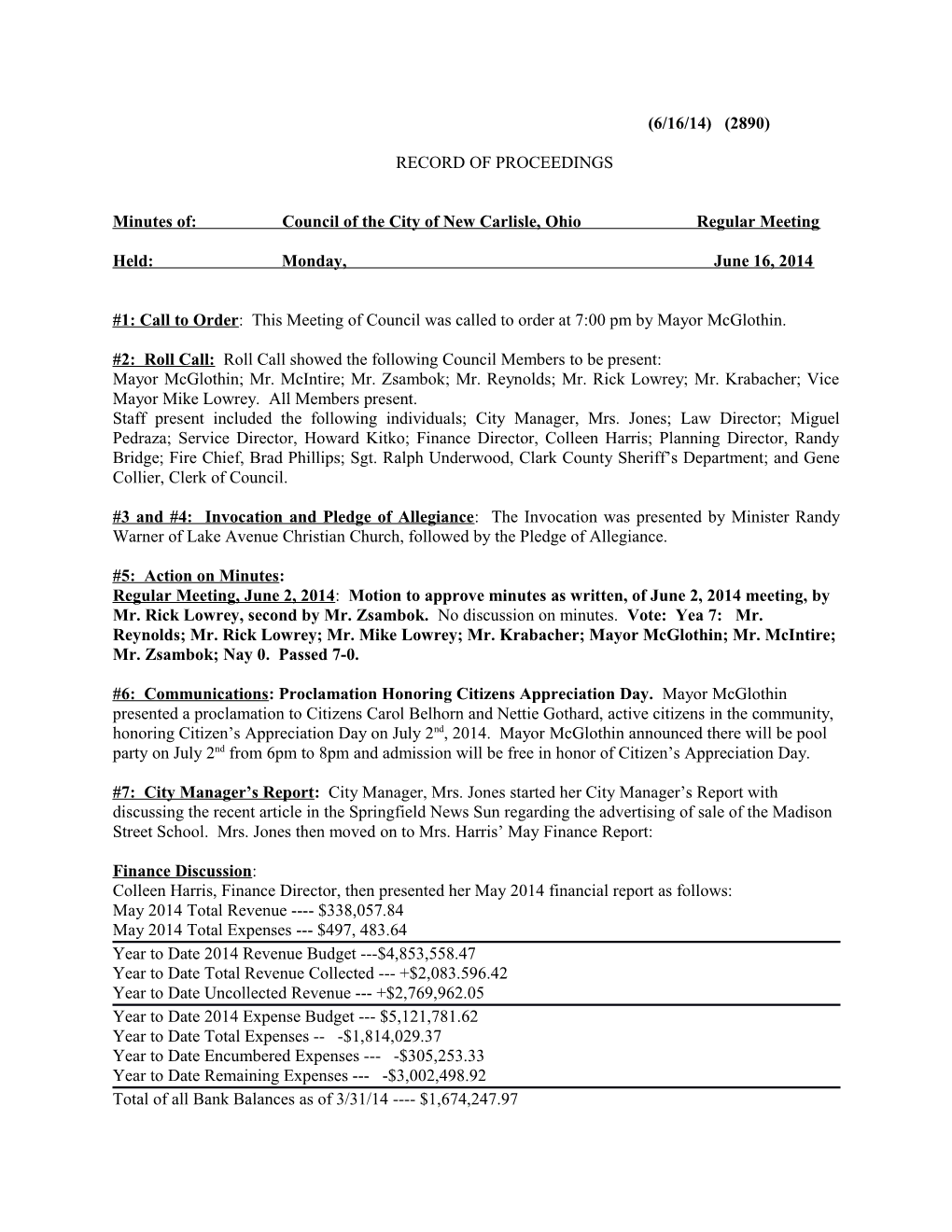 Minutes Of: Council of the City of New Carlisle, Ohio Regular Meeting