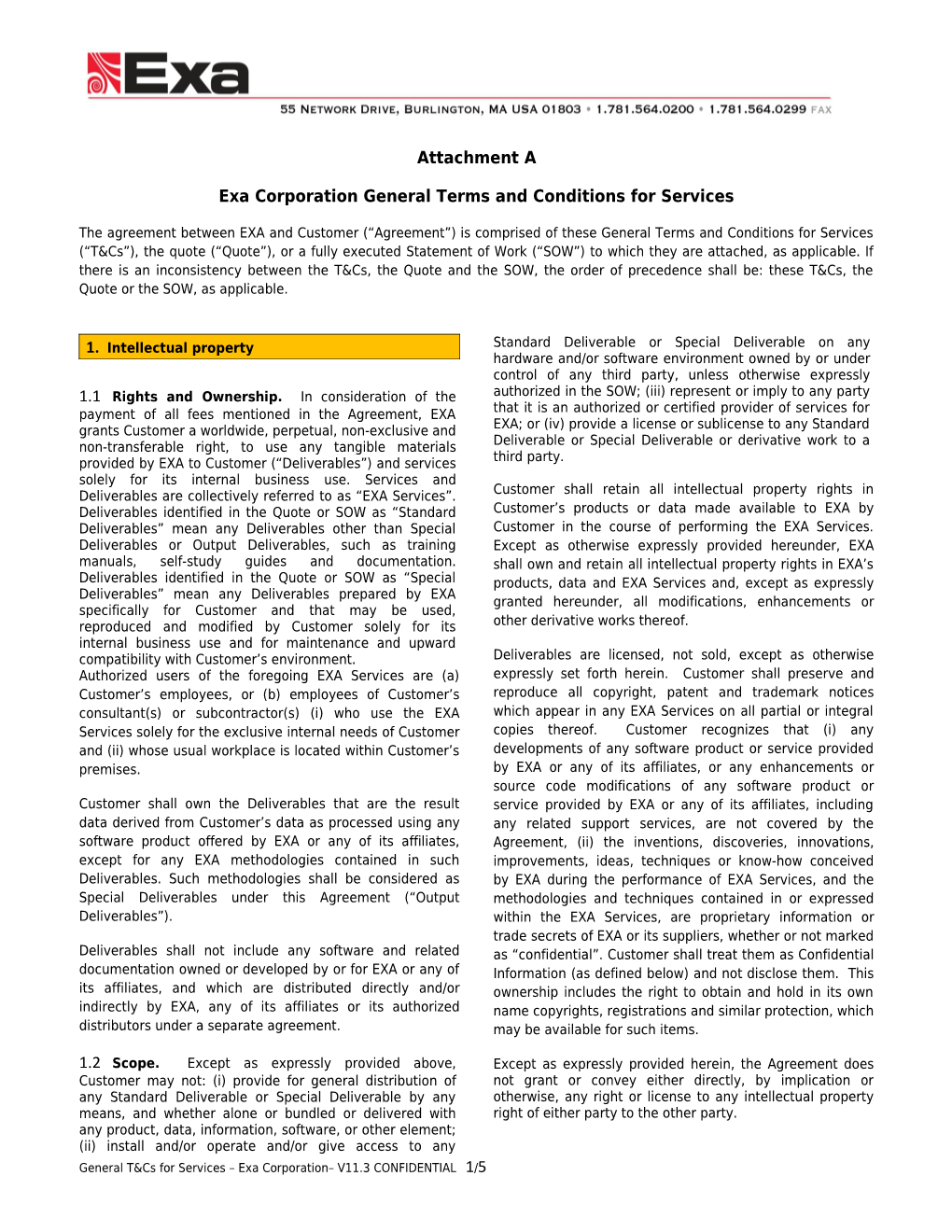 Exa Corporation General Terms and Conditions for Services