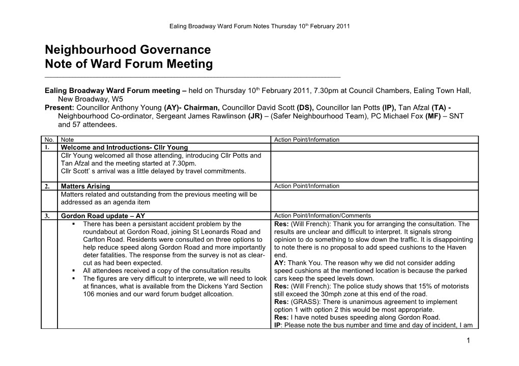Ealing Broadway Ward Forum Notes Thursday 10Th February 2011