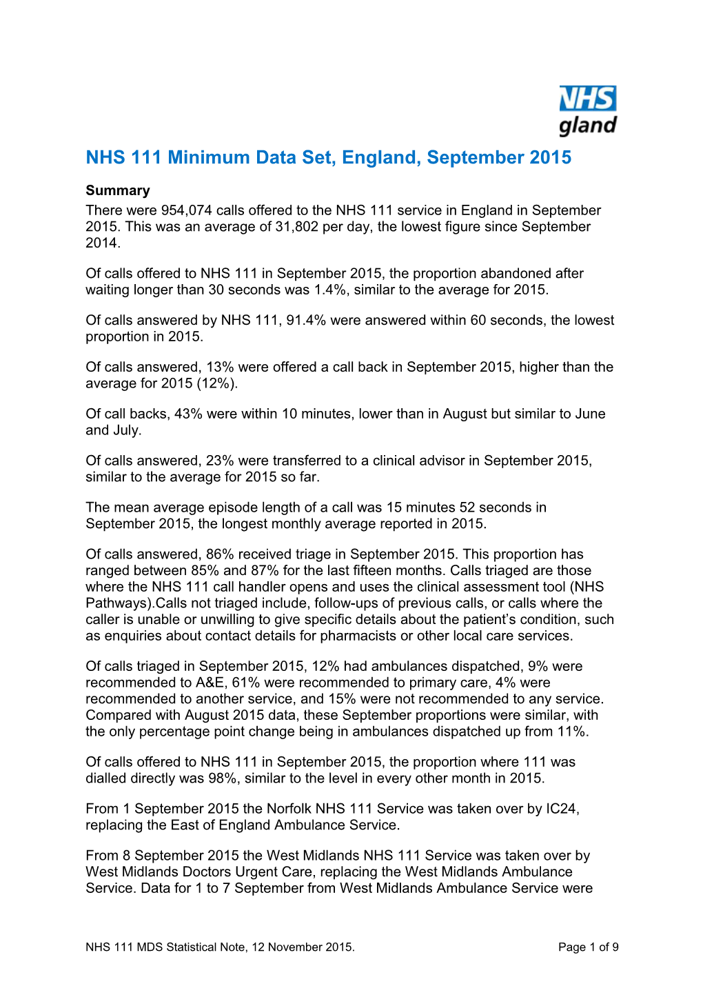 NHS 111 Minimum Data Set, England, September2015