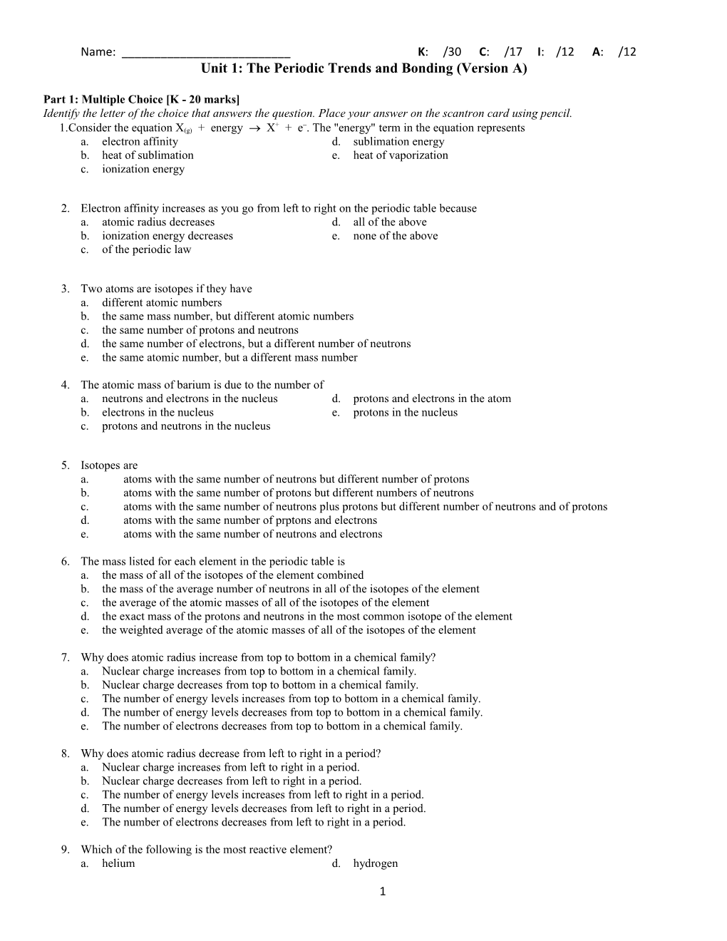 Unit 1: the Periodic Trends and Bonding (Version A)