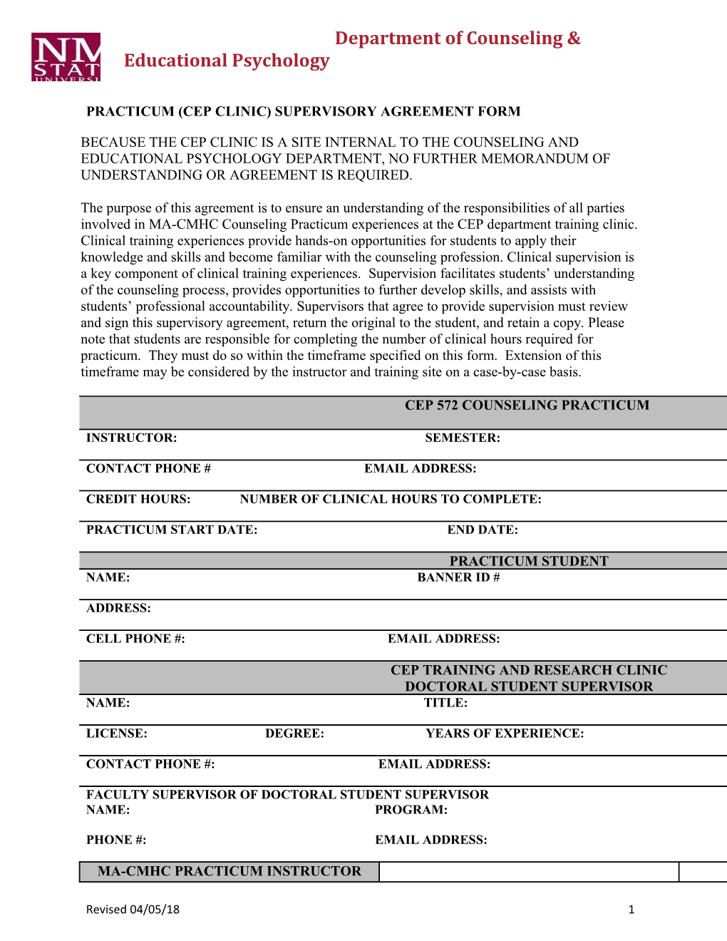 Practicum (Cep Clinic) Supervisory Agreement Form