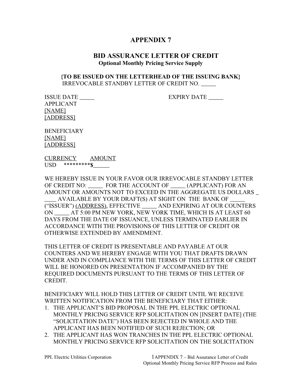 Appendix 7Bid Assurance Letter of Credit