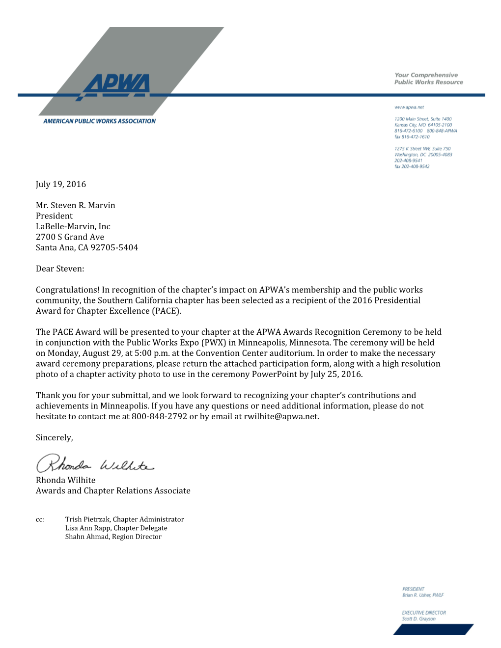 Congratulations! in Recognition of the Chapter S Impact on APWA S Membership and the Public