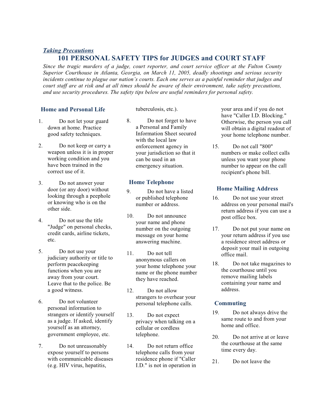 101 PERSONAL SAFETY TIPS for JUDGES and COURT STAFF