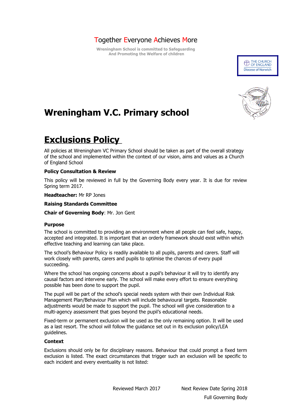 Wreningham School Is Committed to Safeguarding