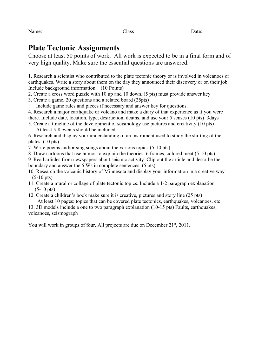 Plate Tectonic Assignments