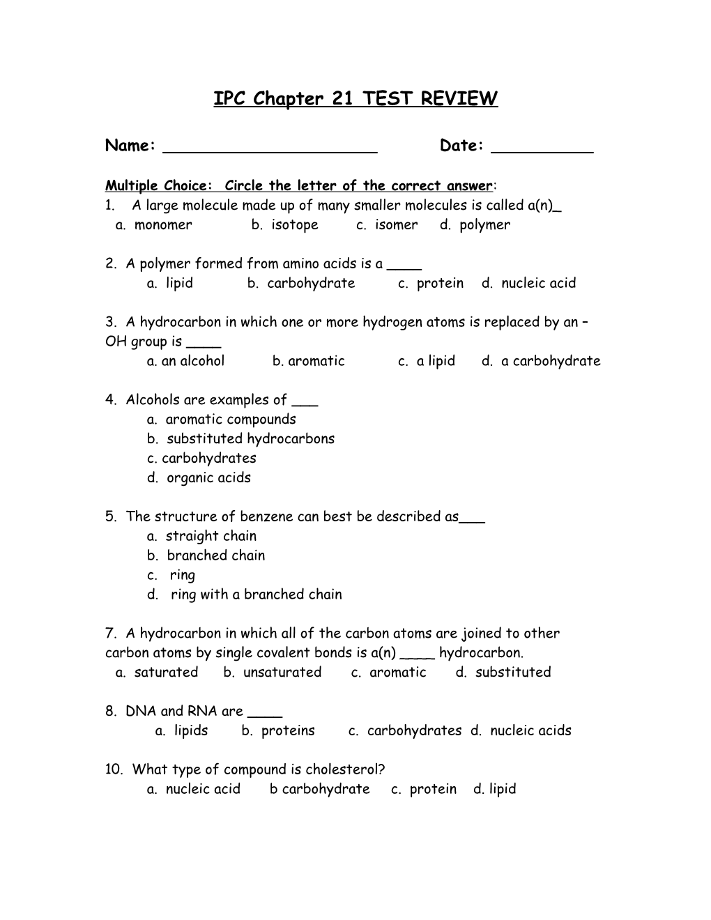 Chapter 21 Review Worksheet