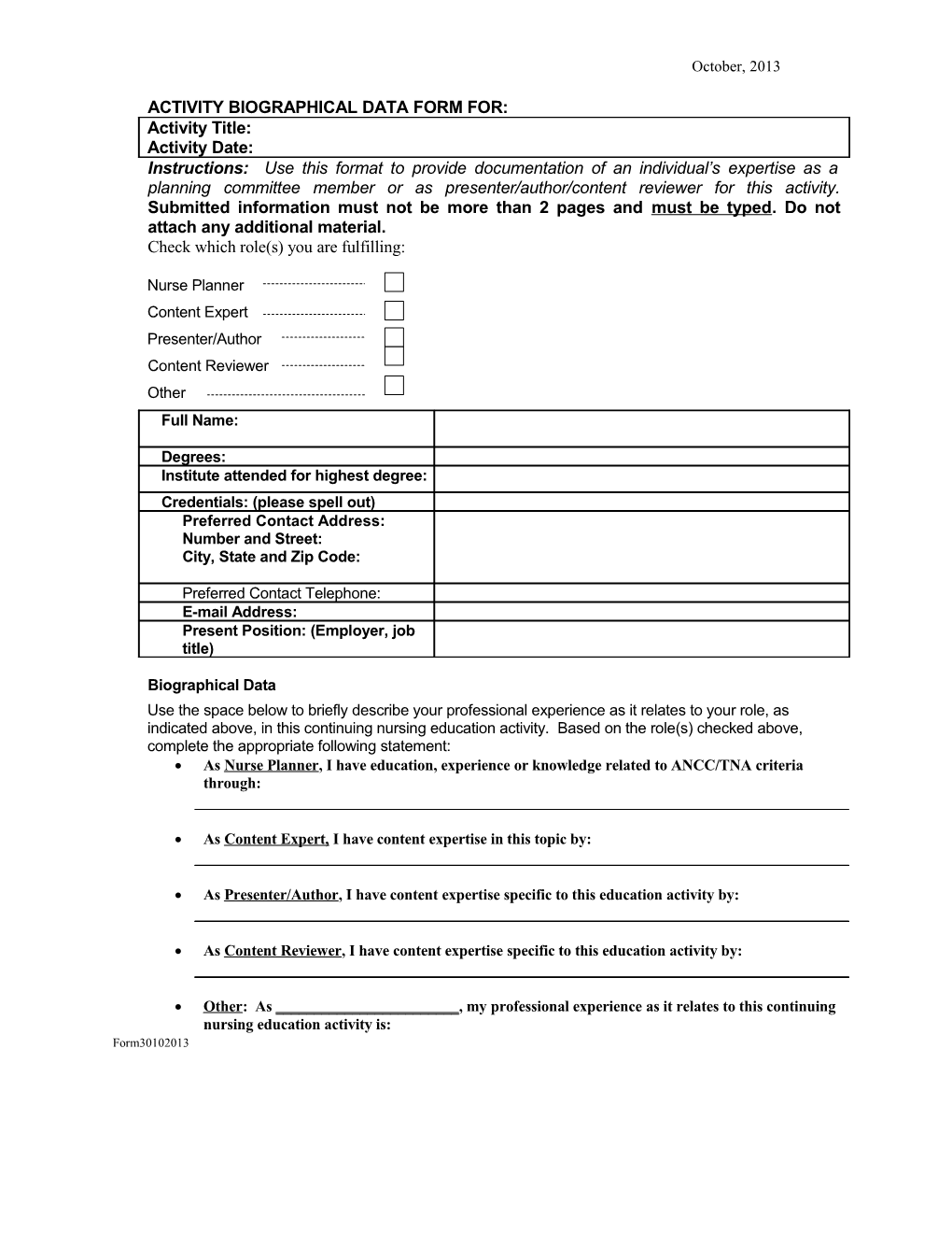 Activity Biographical Data Form For