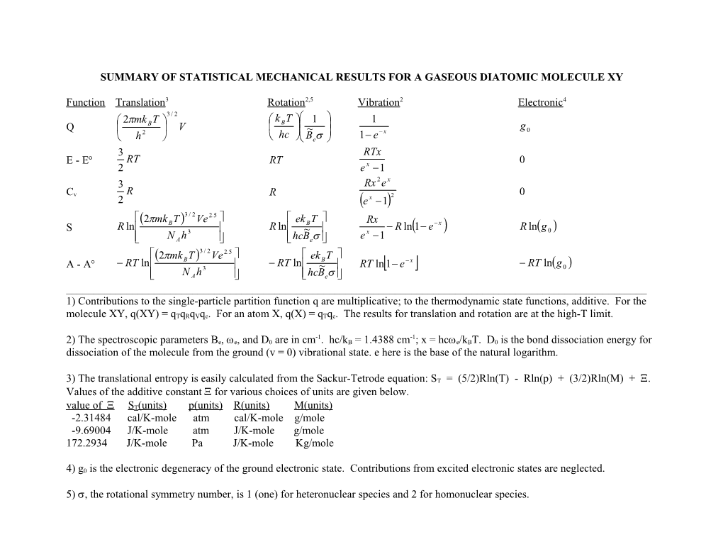 Summary of Statistical Mechanical Results for a Gaseous Diatomic Molecule Xy