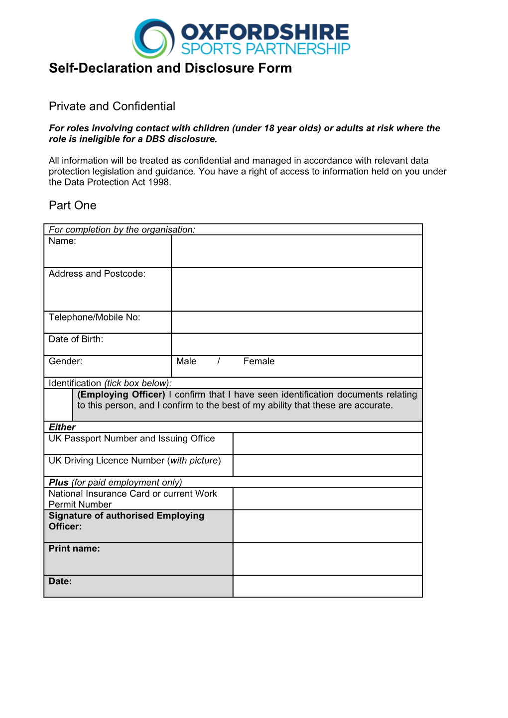 NSPCC the Child Protection in Sport Unit - Employment Self-Declaration and Disclosure Form