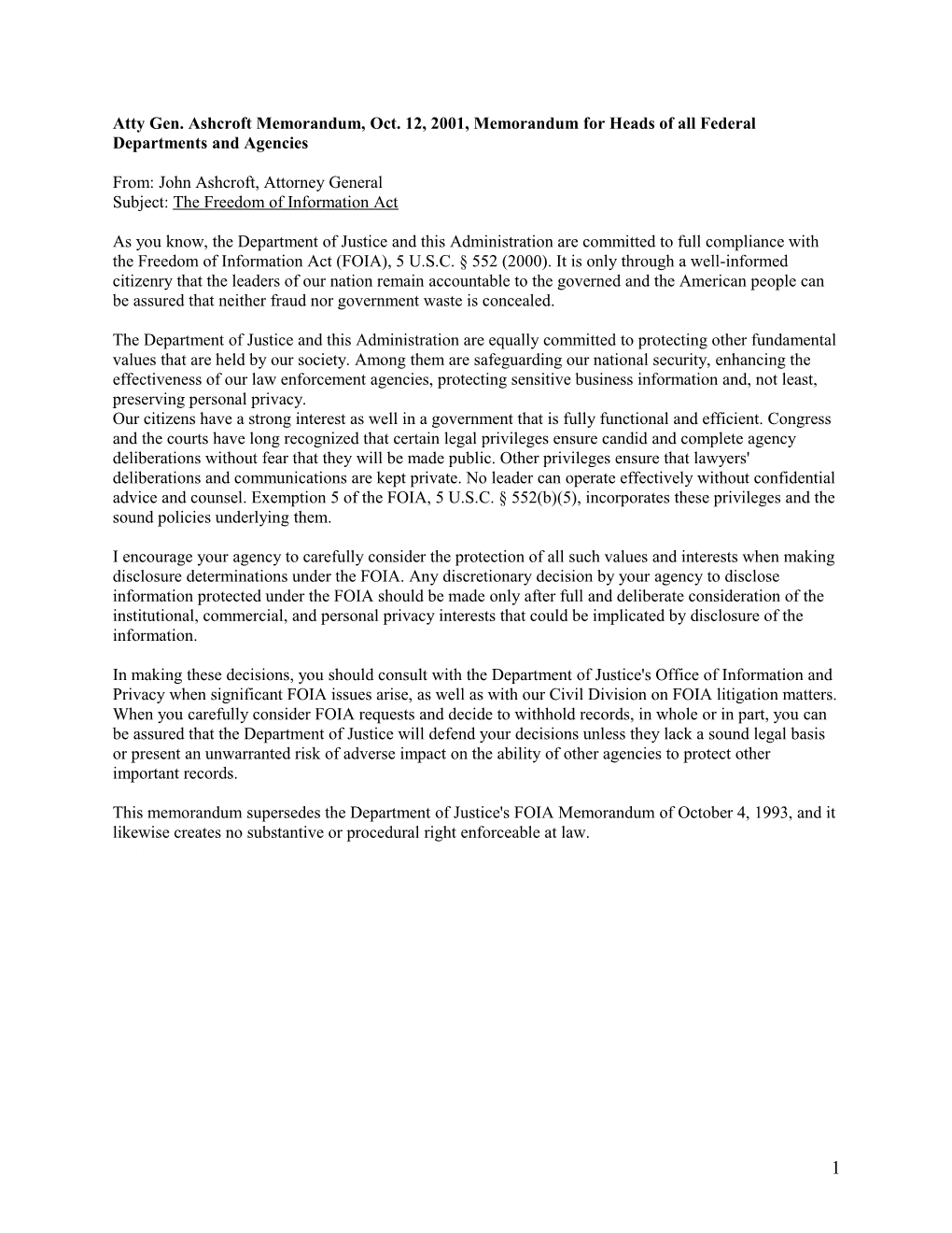 Memorandum for Heads of All Federal Departments and Agencies