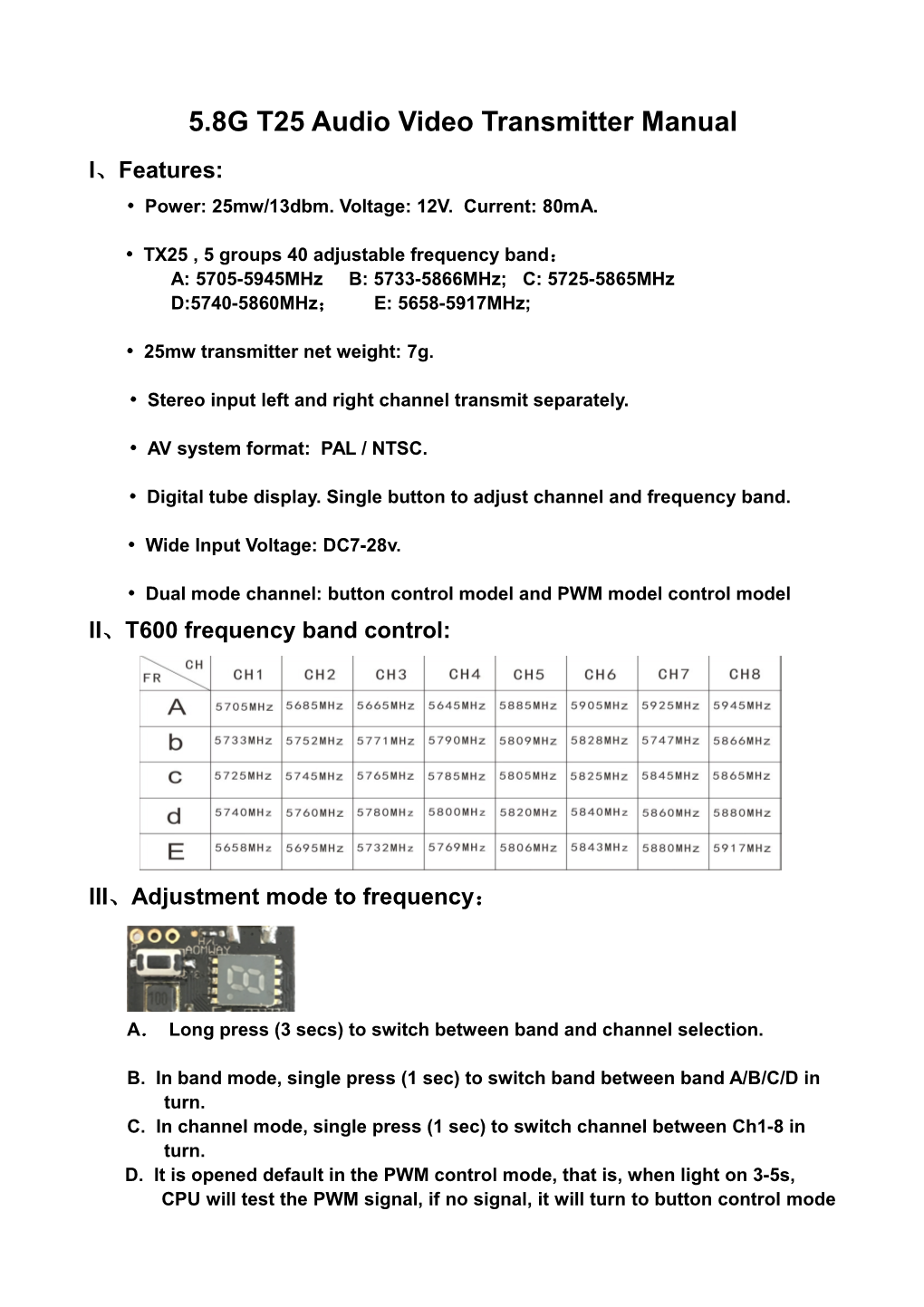 5.8G T25 Audio Video Transmitter Manual
