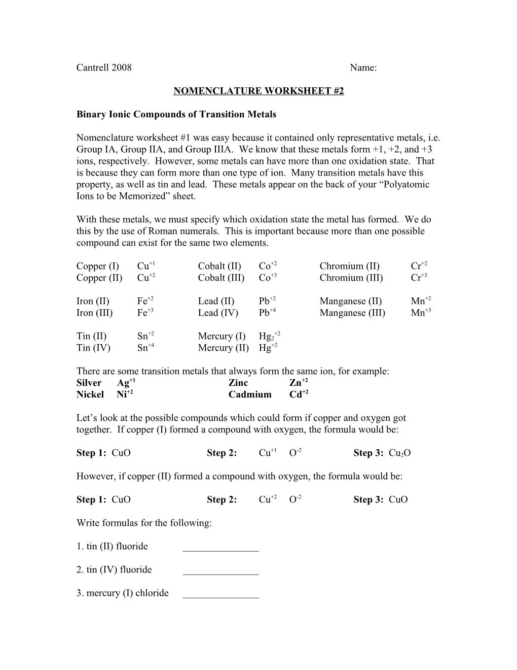 Binary Ionic Compounds of Transition Metals