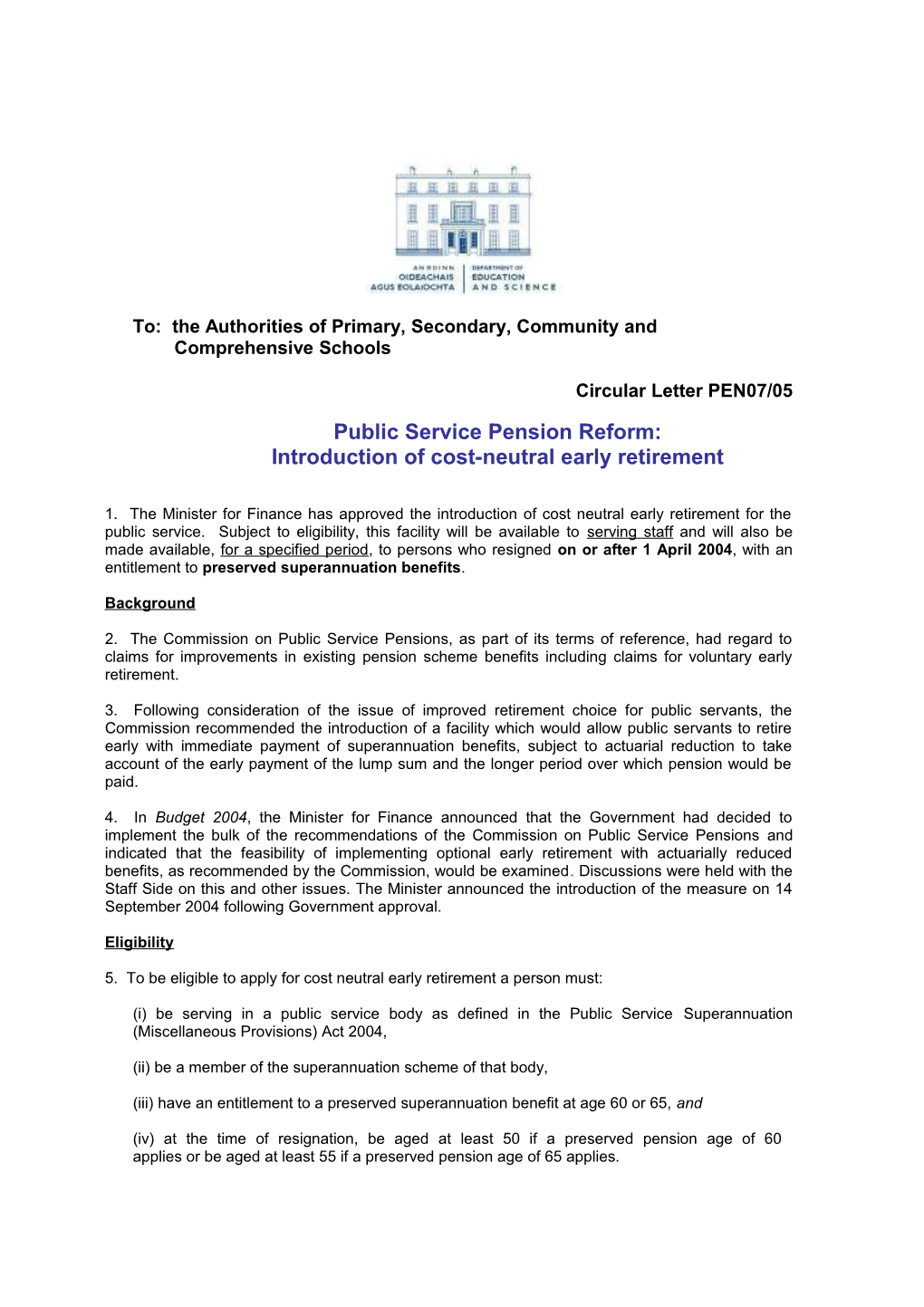 Circular PEN07/05 - Public Service Pension Reform: Introduction of Cost-Neutral Early Retirement