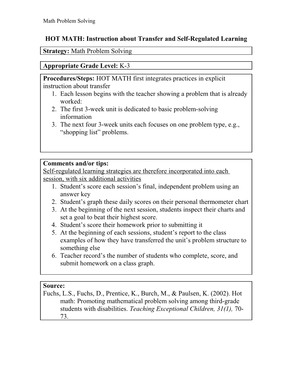 HOT MATH: Instruction About Transfer and Self-Regulated Learning